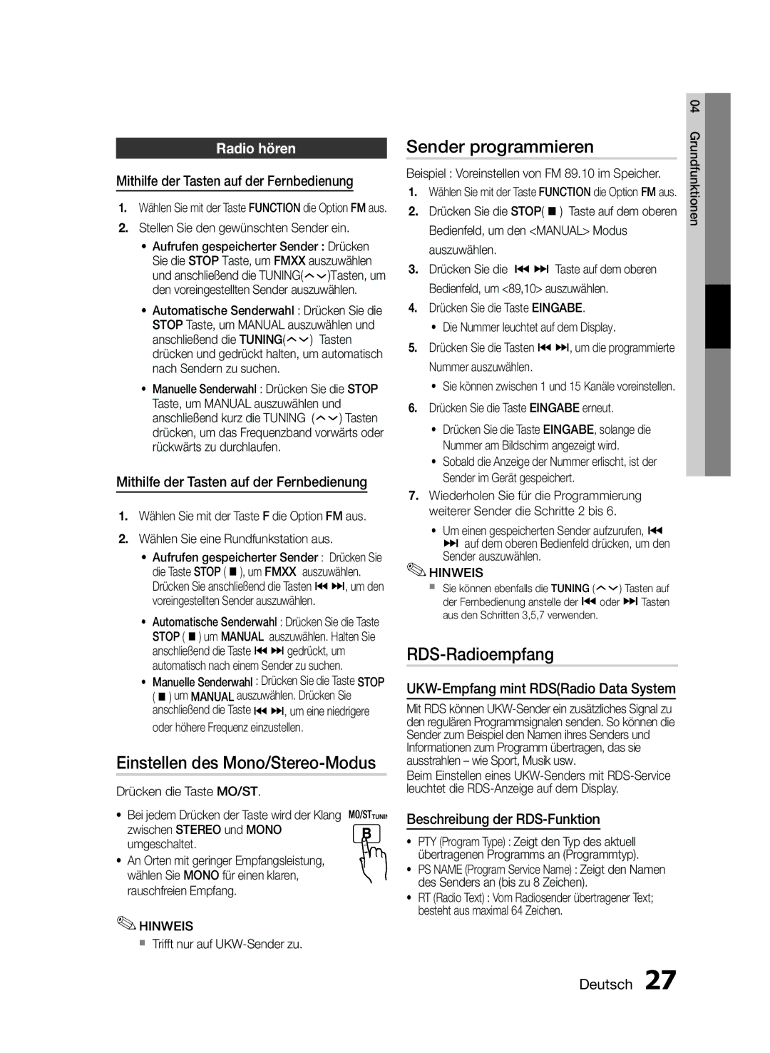 Samsung MM-E430D/ZF, MM-E430D/XN Einstellen des Mono/Stereo-Modus, Sender programmieren, RDS-Radioempfang, Radio hören 