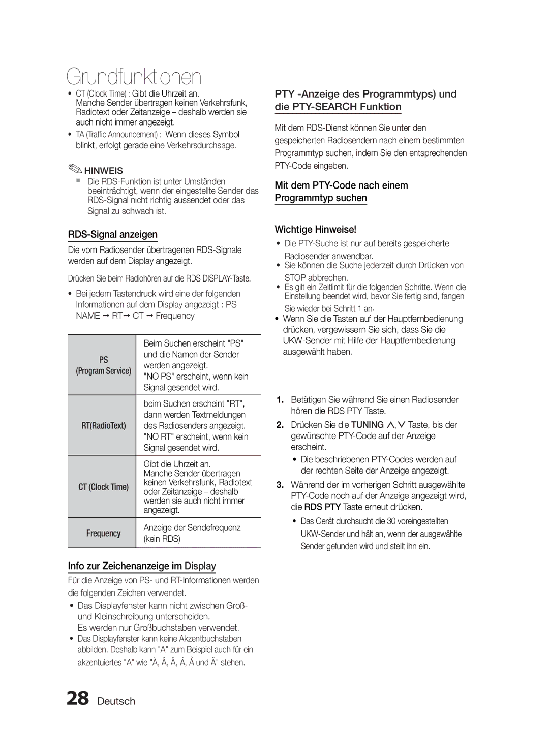 Samsung MM-E430D/XN manual Info zur Zeichenanzeige im Display, PTY -Anzeige des Programmtyps und die PTY-SEARCH Funktion 