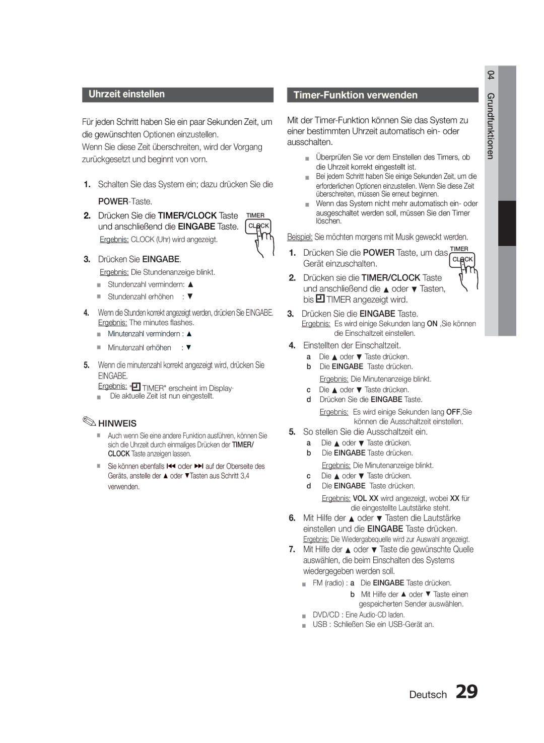 Samsung MM-E430D/ZF manual POWER-Taste, Drücken Sie Eingabe, Drücken Sie die Eingabe Taste, Einstellten der Einschaltzeit 