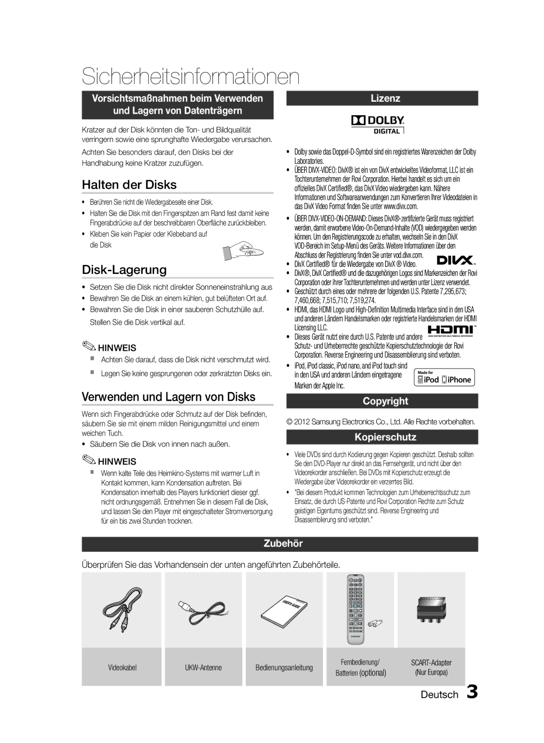 Samsung MM-E430D/ZF manual Halten der Disks, Disk-Lagerung, Verwenden und Lagern von Disks, Copyright Kopierschutz, Zubehör 