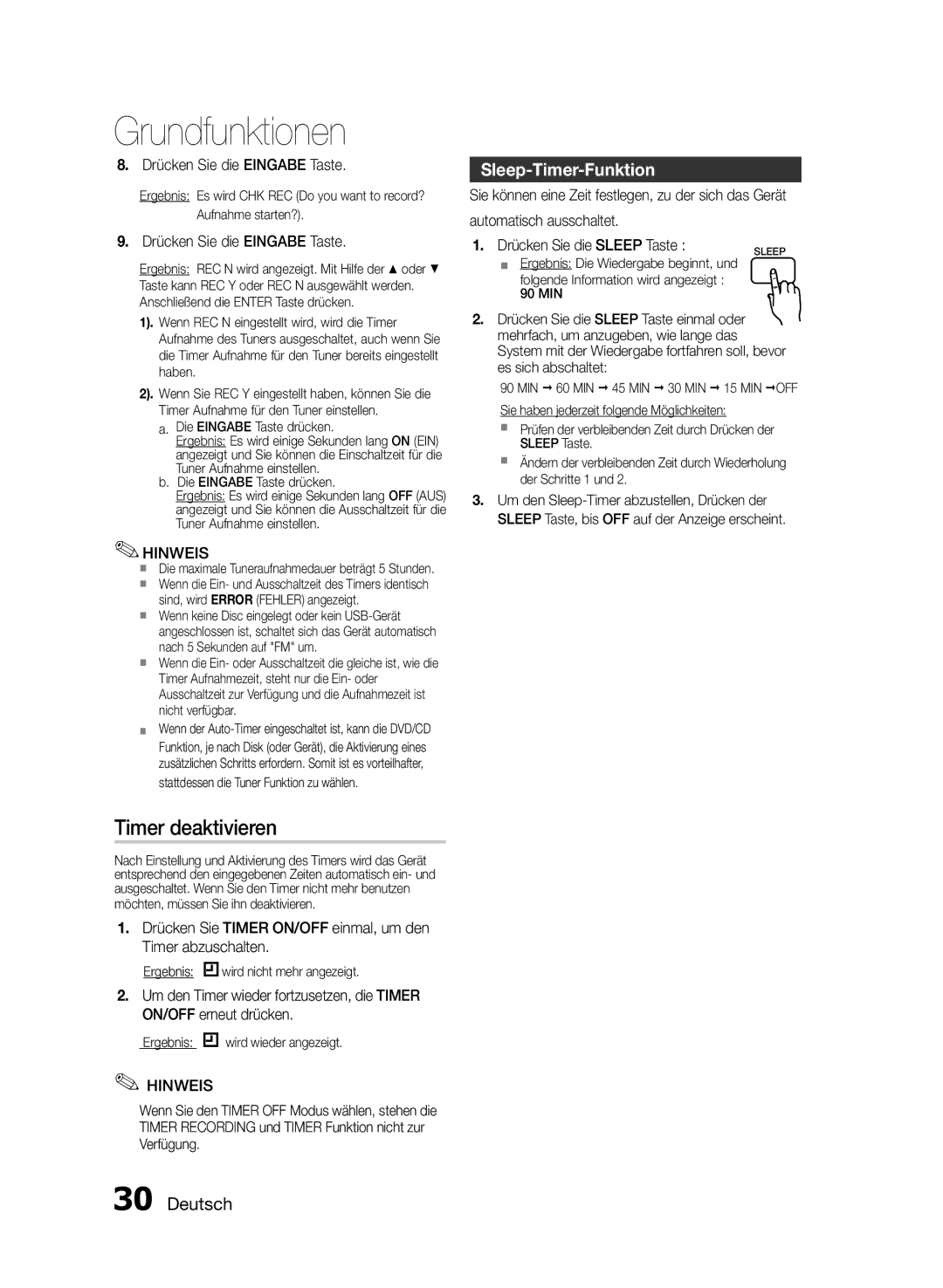 Samsung MM-E430D/XN, MM-E430D/ZF manual Timer deaktivieren, Sleep-Timer-Funktion 