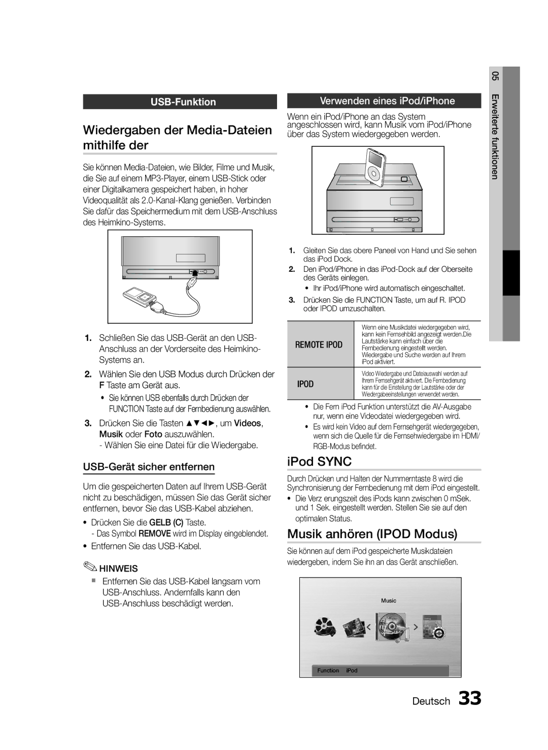 Samsung MM-E430D/ZF manual Wiedergaben der Media-Dateien mithilfe der, IPod Sync, Musik anhören Ipod Modus, USB-Funktion 