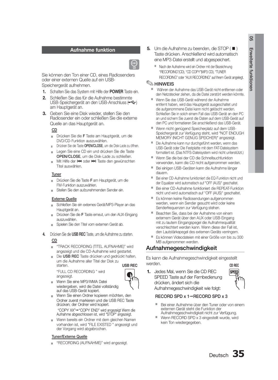 Samsung MM-E430D/ZF Speichergerät aufnehmen, Es kann die Aufnahmegeschwindigkeit eingestellt werden, Titel auswählen Tuner 