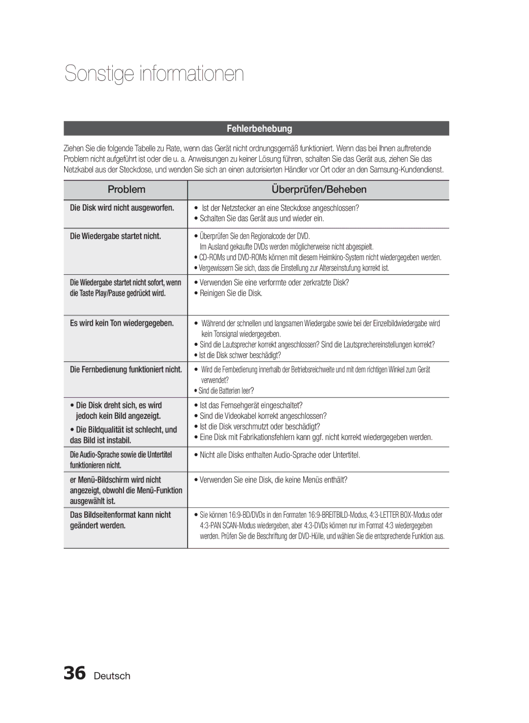 Samsung MM-E430D/XN, MM-E430D/ZF manual Sonstige informationen, Fehlerbehebung 