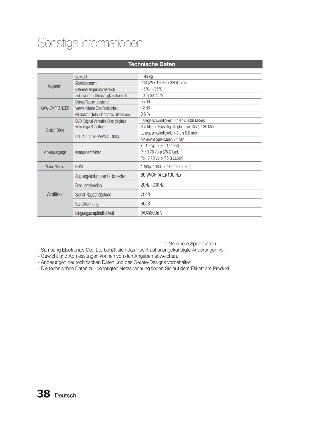 Samsung MM-E430D/XN, MM-E430D/ZF manual Technische Daten, Verstärker, 60 W/CH 4 Ω/100 Hz 