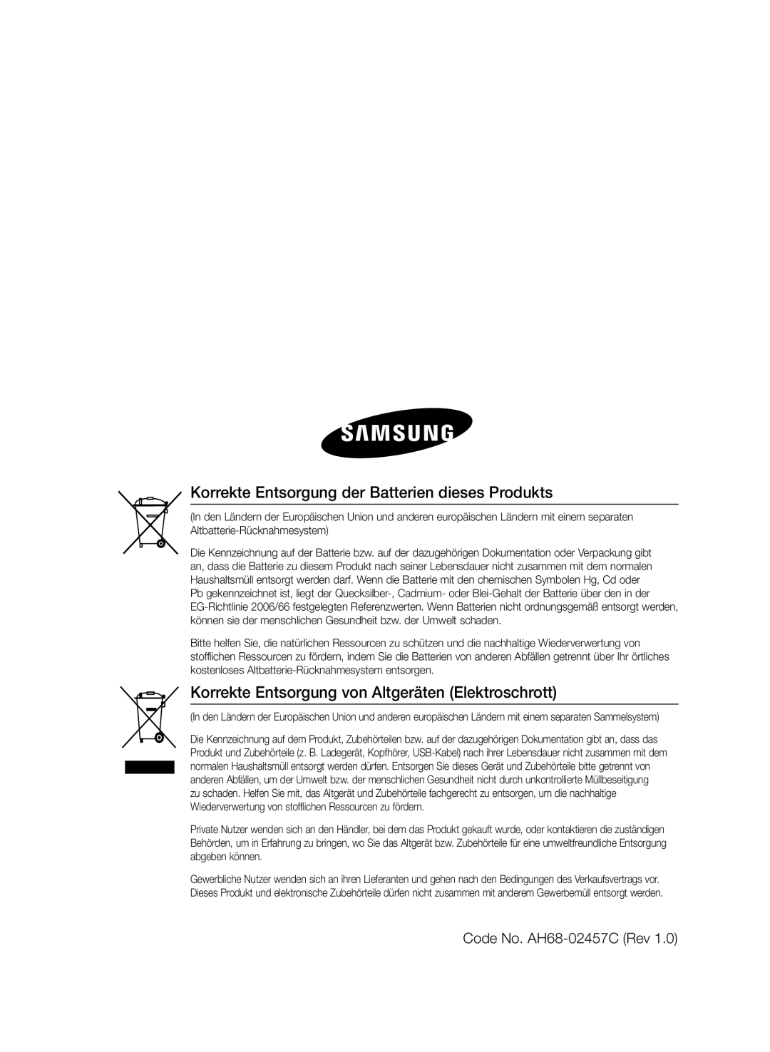 Samsung MM-E430D/ZF, MM-E430D/XN manual Korrekte Entsorgung der Batterien dieses Produkts, Code No. AH68-02457C Rev 