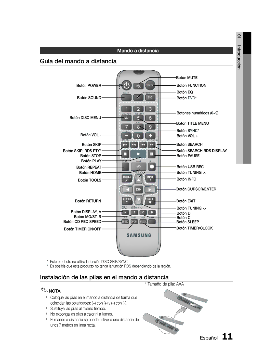 Samsung MM-E430D/EN manual Guía del mando a distancia, Instalación de las pilas en el mando a distancia, Mando a distancia 