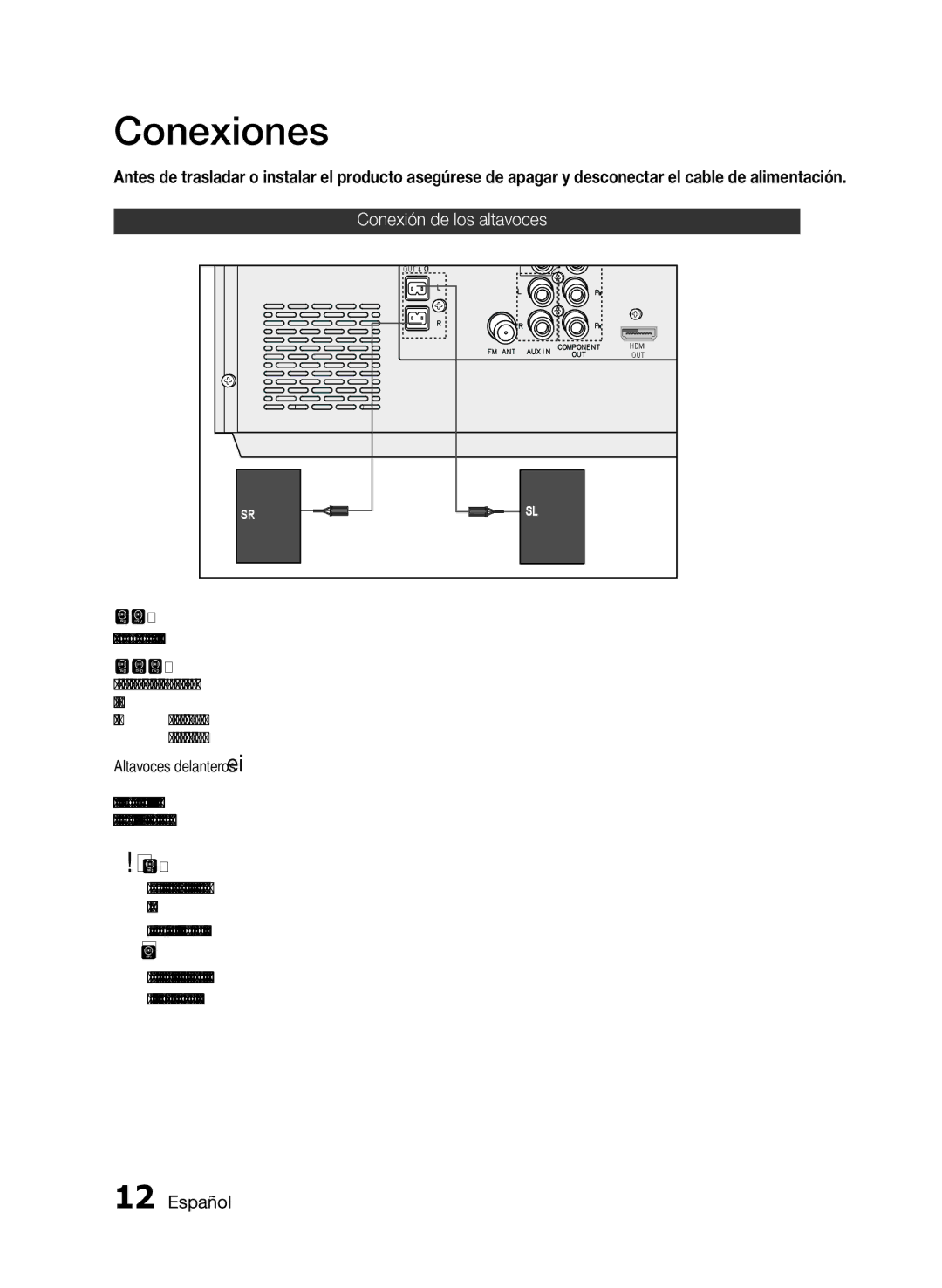 Samsung MM-E430D/ZF, MM-E430D/EN manual Conexiones, Conexión de los altavoces, Altavoces delanteros ei, Precaución 