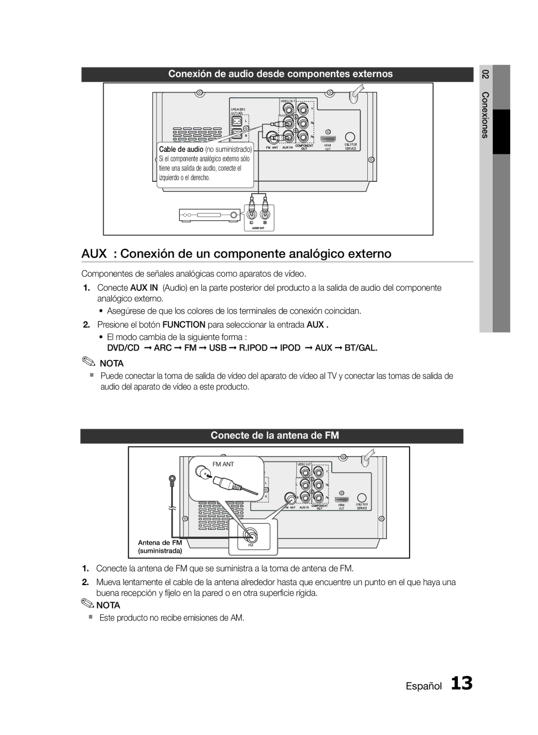 Samsung MM-E430D/EN manual AUX Conexión de un componente analógico externo, Conexión de audio desde componentes externos 