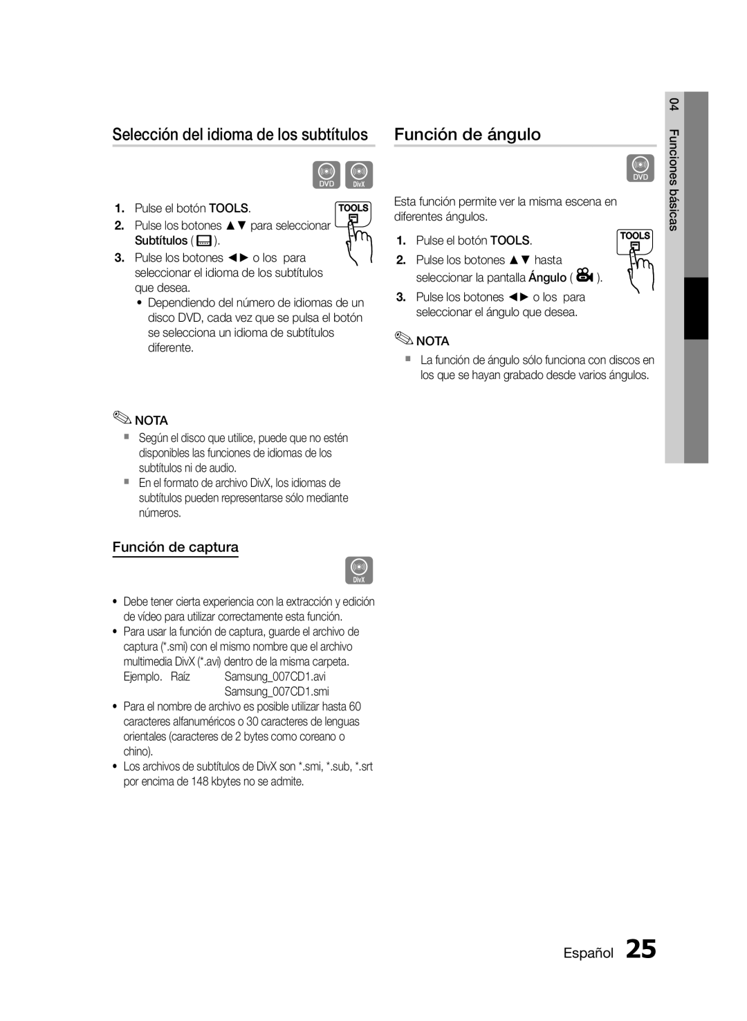 Samsung MM-E430D/EN, MM-E430D/ZF Función de ángulo, Función de captura, Multimedia DivX *.avi dentro de la misma carpeta 