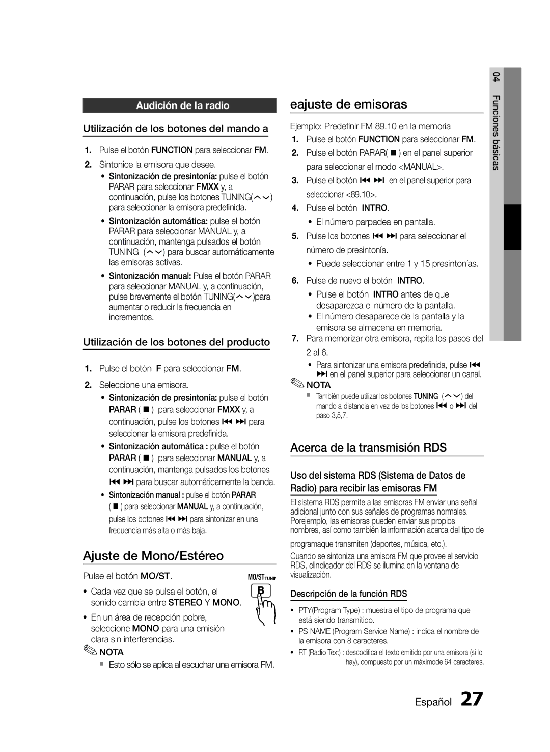 Samsung MM-E430D/EN manual Ajuste de Mono/Estéreo, Eajuste de emisoras, Acerca de la transmisión RDS, Audición de la radio 