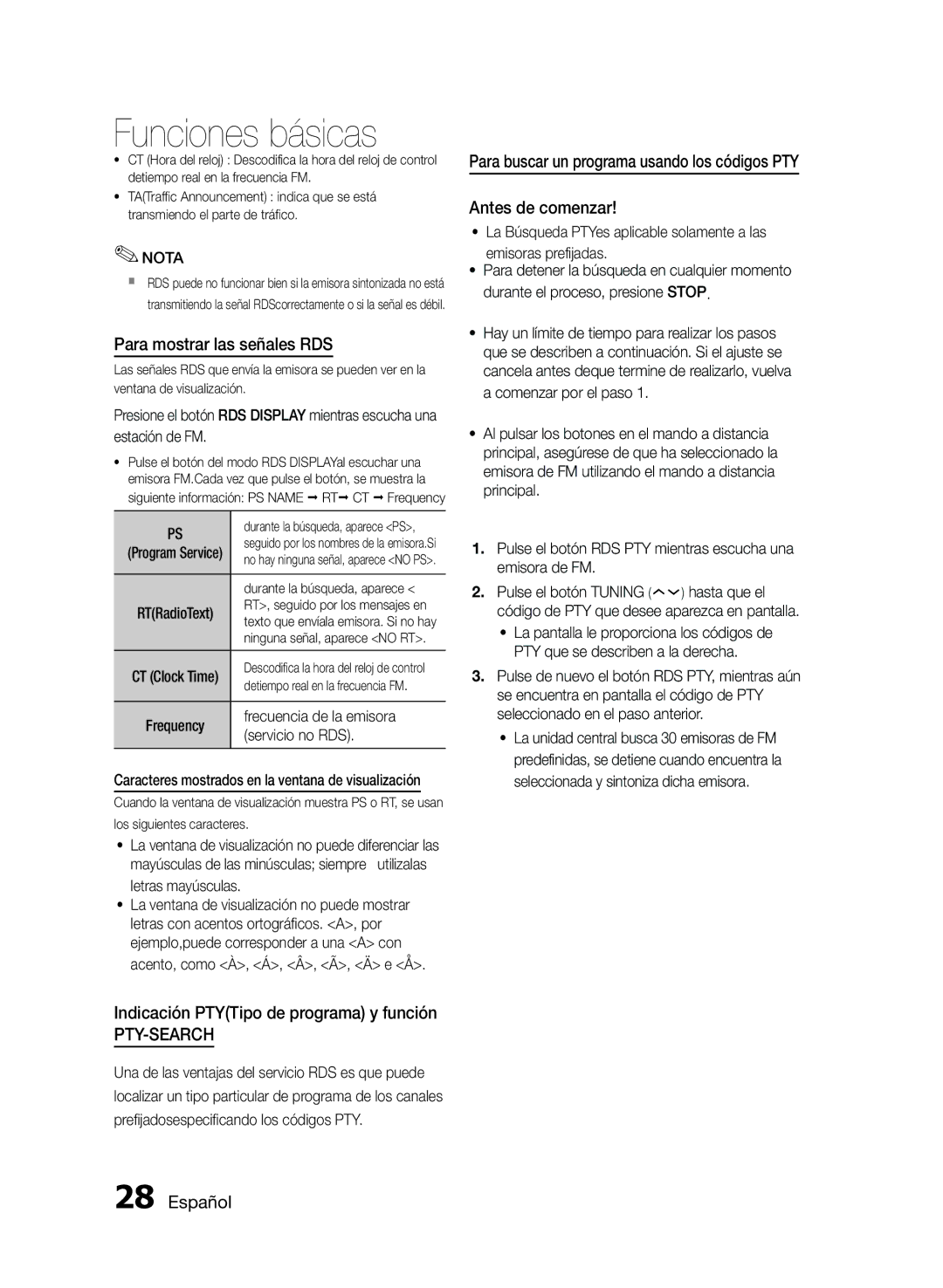 Samsung MM-E430D/ZF manual Para mostrar las señales RDS, Indicación PTYTipo de programa y función, Frecuencia de la emisora 