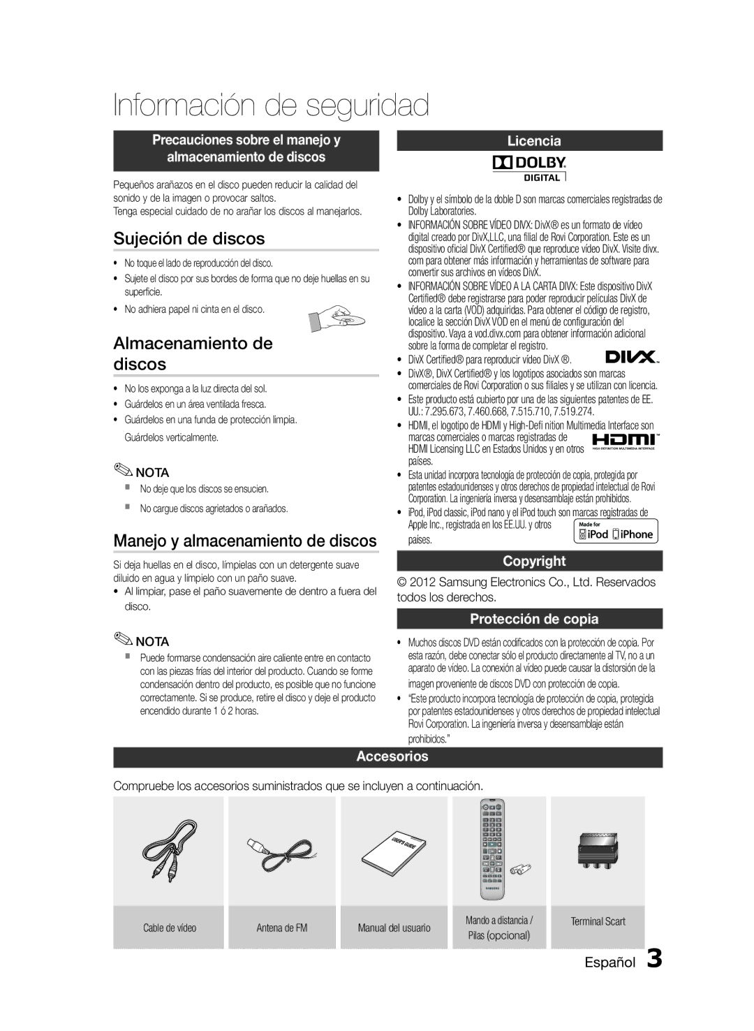 Samsung MM-E430D/EN manual Sujeción de discos, Almacenamiento de discos, Manejo y almacenamiento de discos, Accesorios 