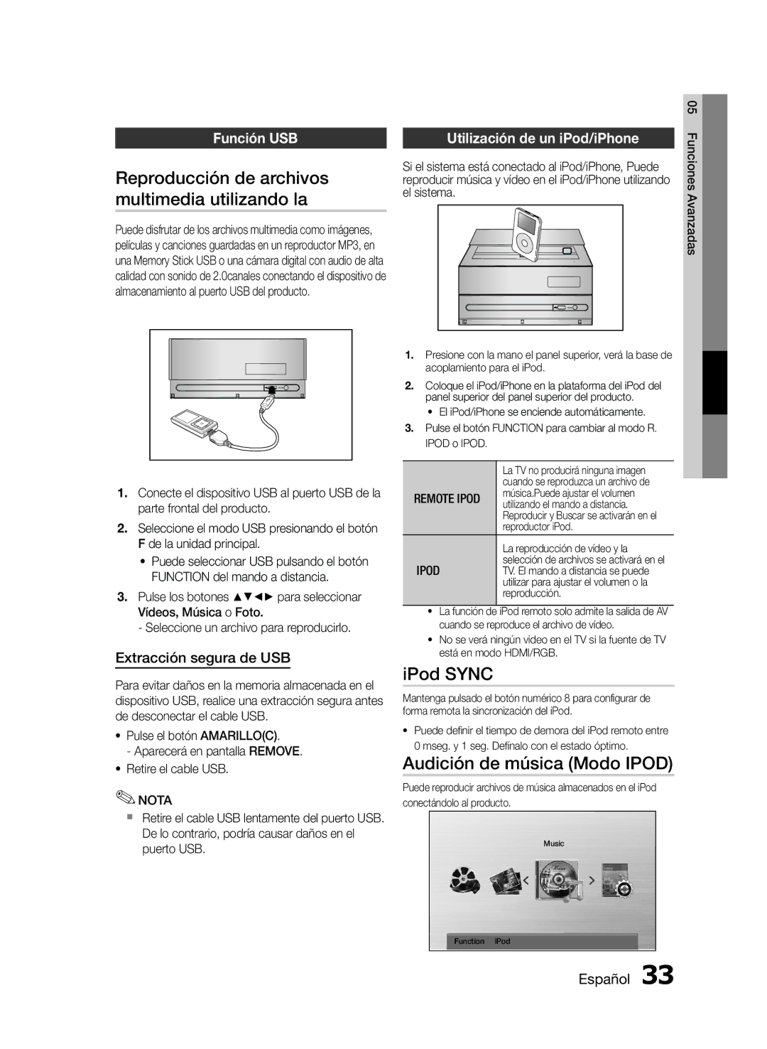 Samsung MM-E430D/EN manual Reproducción de archivos multimedia utilizando la, IPod Sync, Audición de música Modo Ipod 