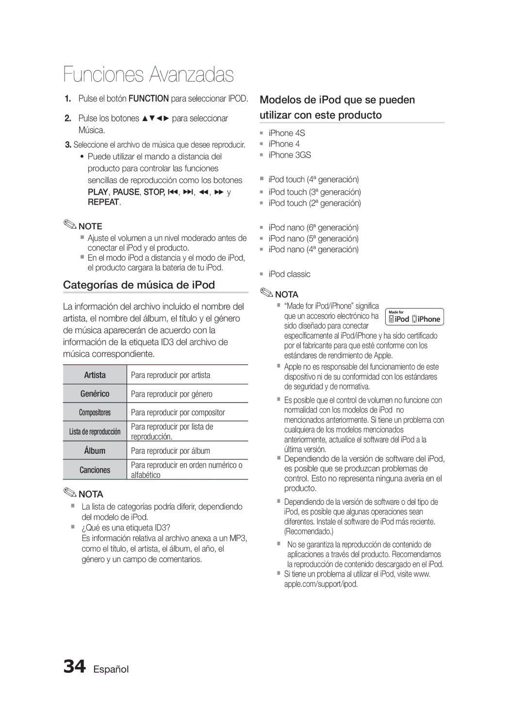 Samsung MM-E430D/ZF manual Categorías de música de iPod, Modelos de iPod que se pueden utilizar con este producto, Repeat 