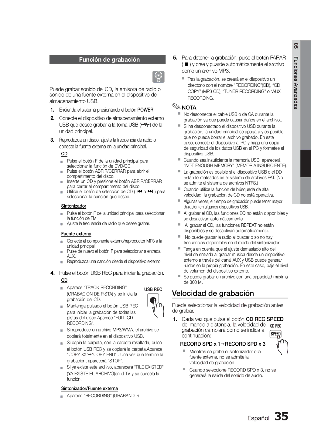 Samsung MM-E430D/EN, MM-E430D/ZF manual Almacenamiento USB, USB que desee grabar a la toma USB de la unidad principal 