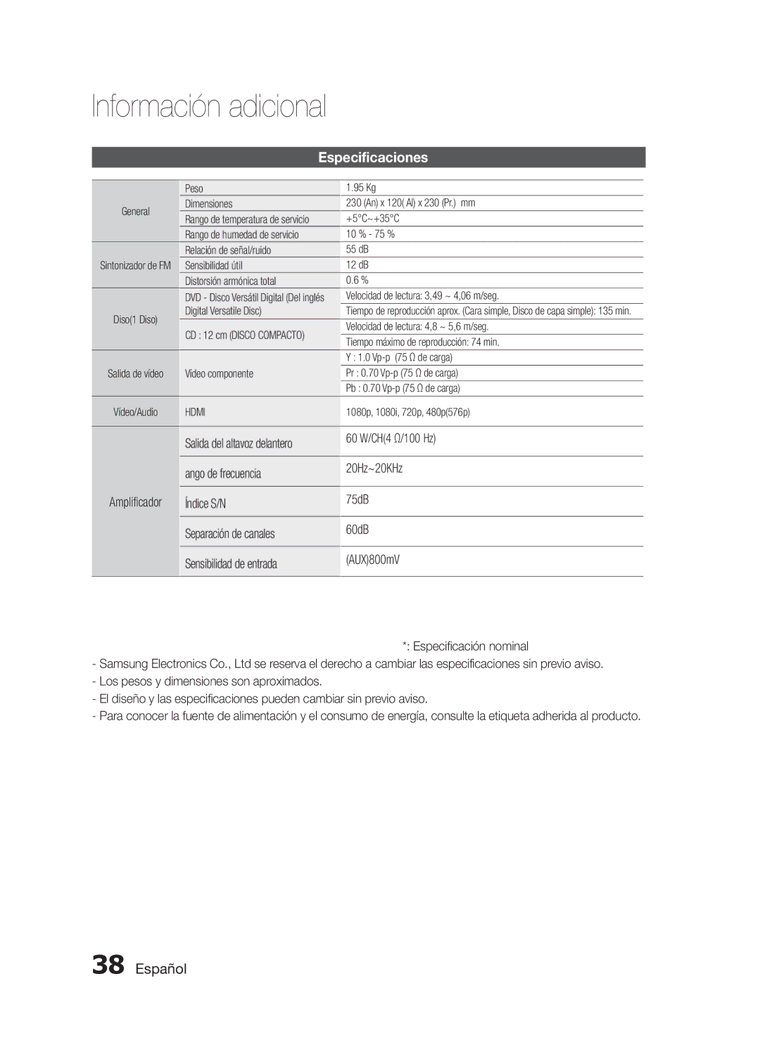 Samsung MM-E430D/ZF, MM-E430D/EN manual Especificaciones 