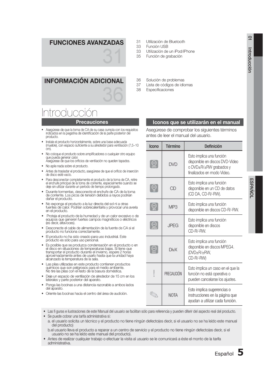 Samsung MM-E430D/EN, MM-E430D/ZF Introducción, Precauciones, Iconos que se utilizarán en el manual 