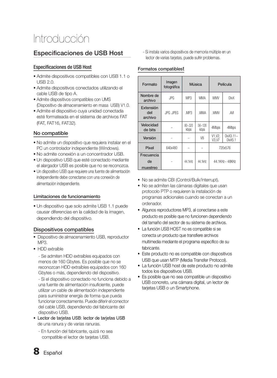 Samsung MM-E430D/ZF, MM-E430D/EN manual Especificaciones de USB Host, No compatible, Dispositivos compatibles 