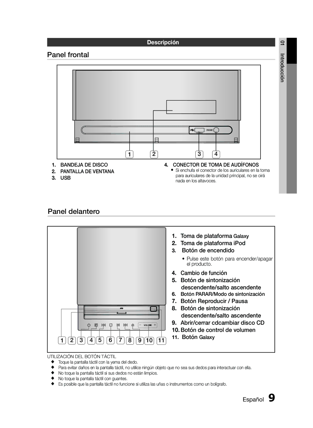 Samsung MM-E430D/EN, MM-E430D/ZF Panel frontal, Panel delantero, Descripción, Cambio de función, Botón Reproducir / Pausa 