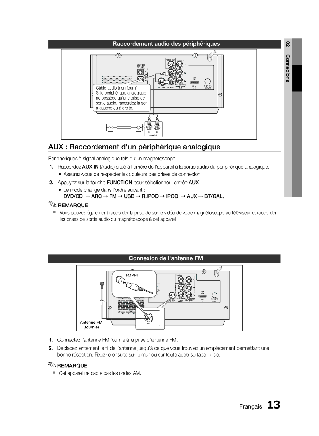 Samsung MM-E430D/ZF manual AUX Raccordement dun périphérique analogique, Raccordement audio des périphériques 