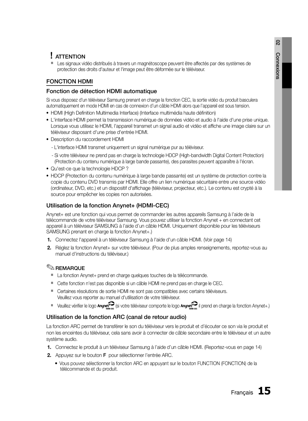 Samsung MM-E430D/ZF manual Fonction de détection Hdmi automatique, Utilisation de la fonction Anynet+ HDMI-CEC 