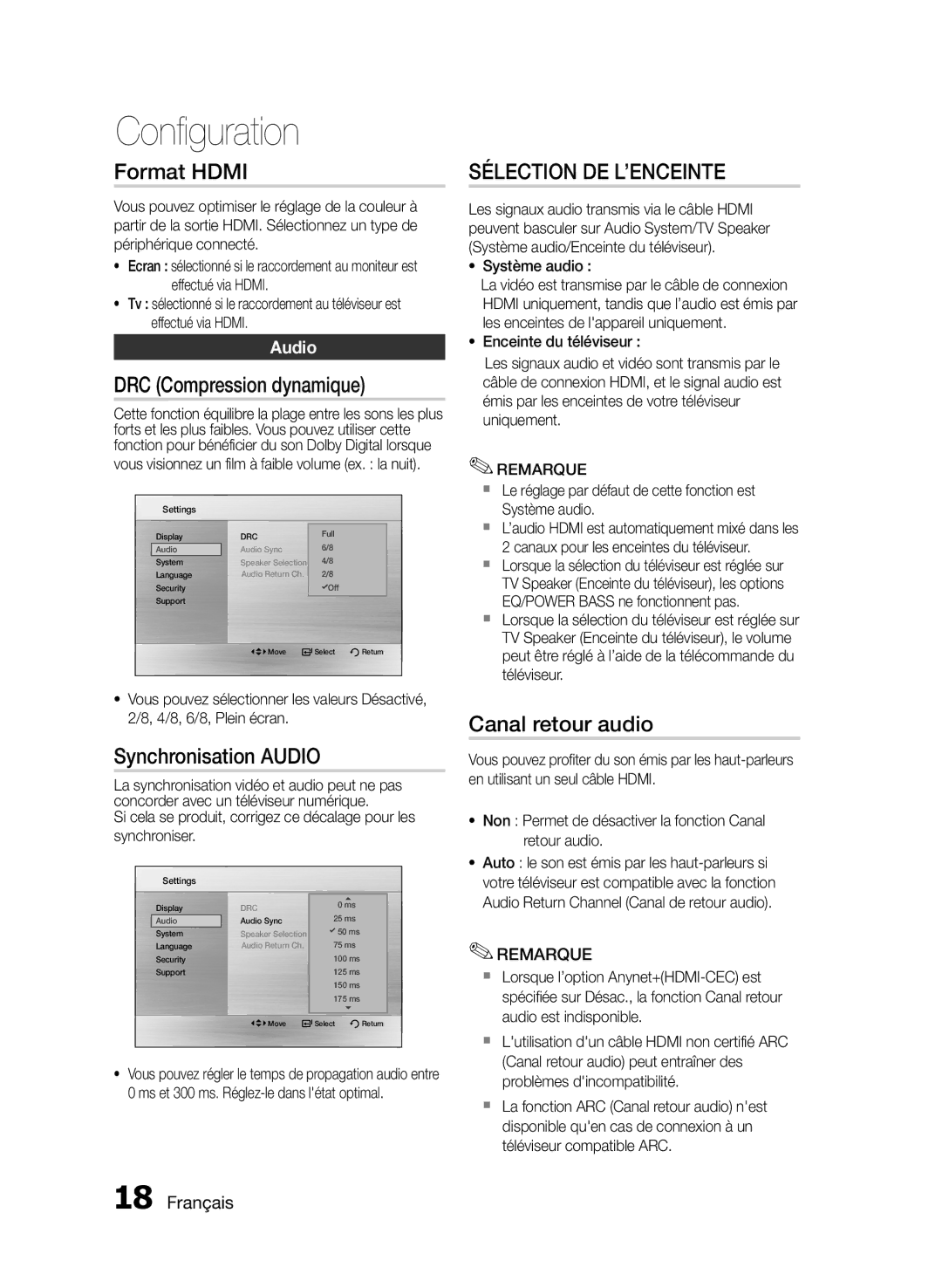 Samsung MM-E430D/ZF manual Format Hdmi, DRC Compression dynamique, Synchronisation Audio, Canal retour audio 