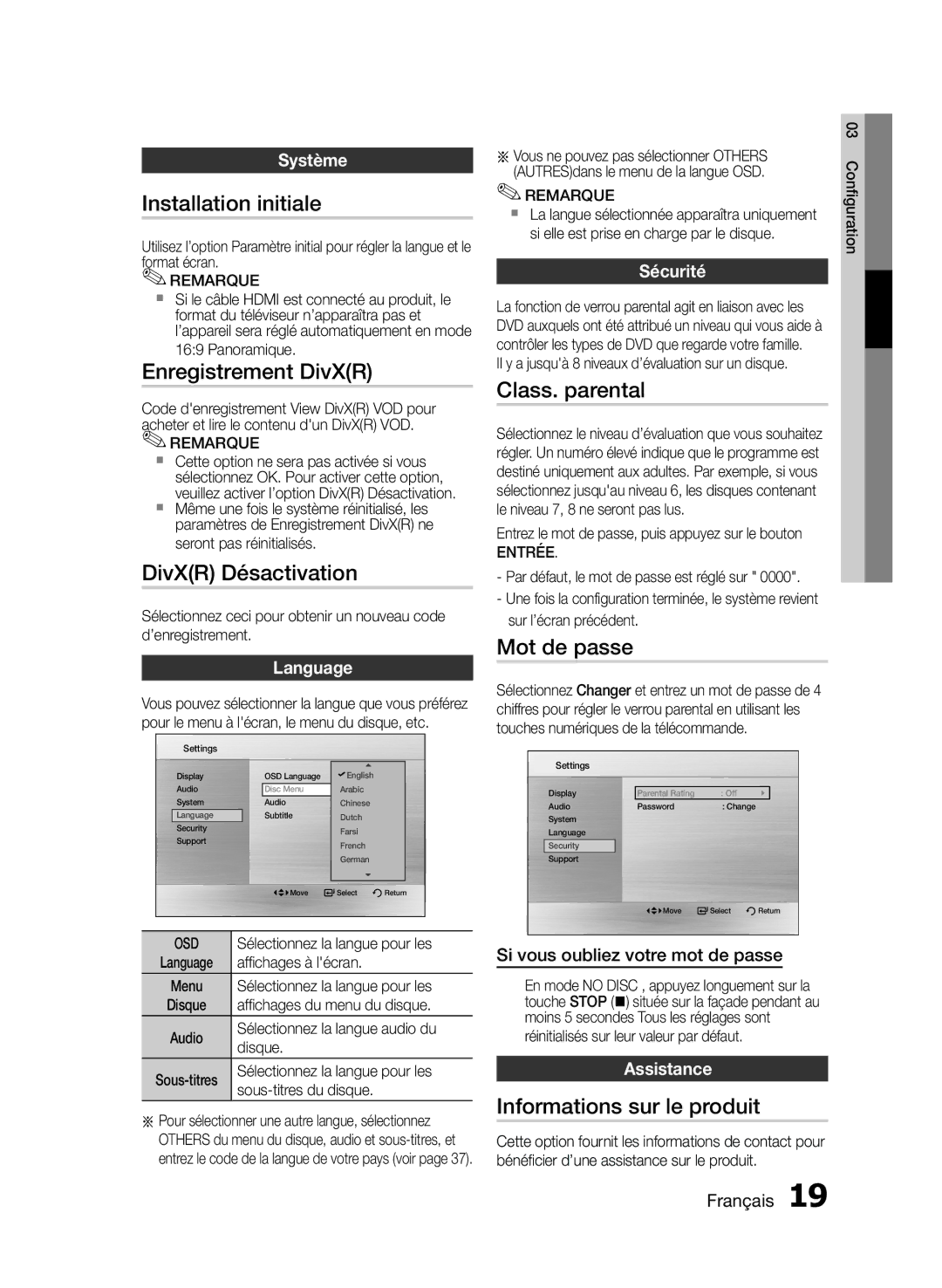 Samsung MM-E430D/ZF manual Class. parental, Mot de passe, Informations sur le produit, Sécurité, Assistance 