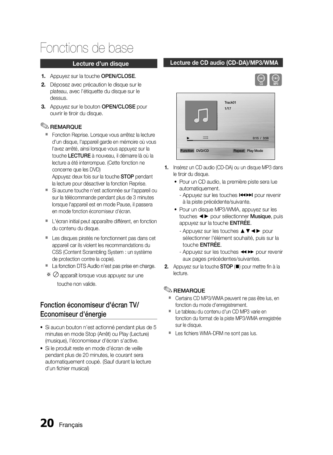 Samsung MM-E430D/ZF manual Fonctions de base, Lecture d’un disque, Lecture de CD audio CD-DA/MP3/WMA 