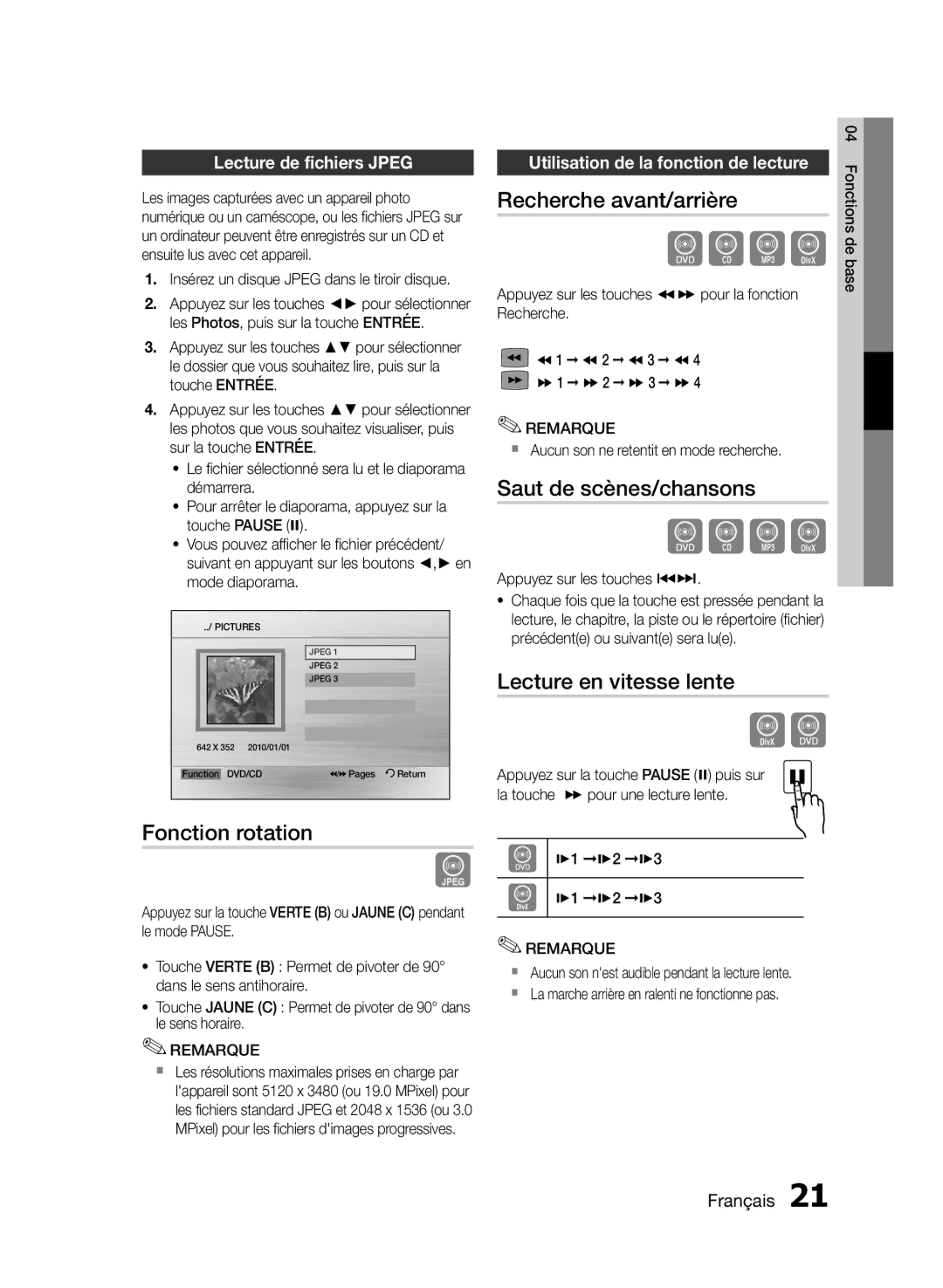 Samsung MM-E430D/ZF manual Fonction rotation, Recherche avant/arrière, Saut de scènes/chansons, Lecture en vitesse lente 