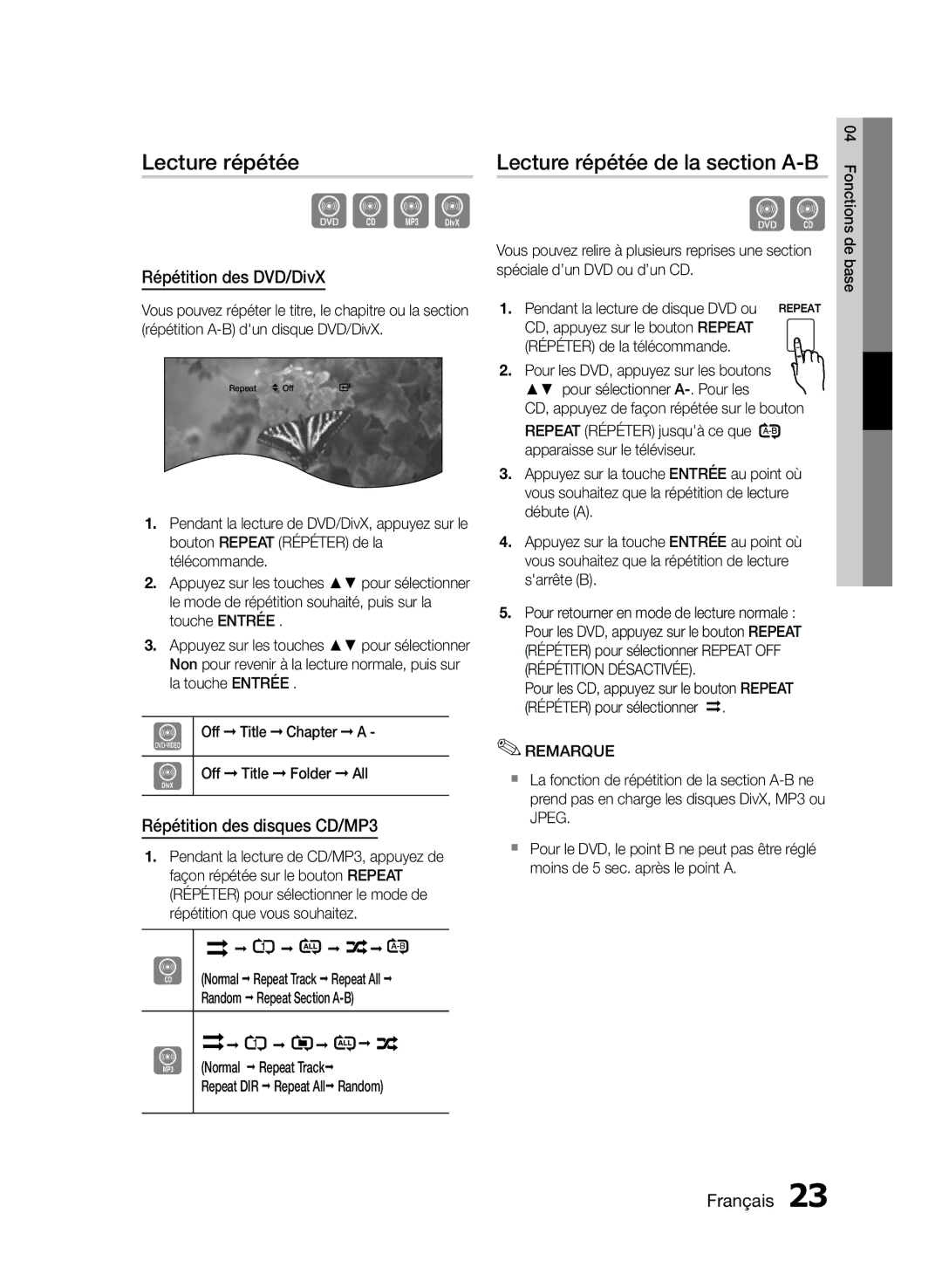 Samsung MM-E430D/ZF manual Lecture répétée de la section A-B, Répétition des DVD/DivX, Répétition des disques CD/MP3 