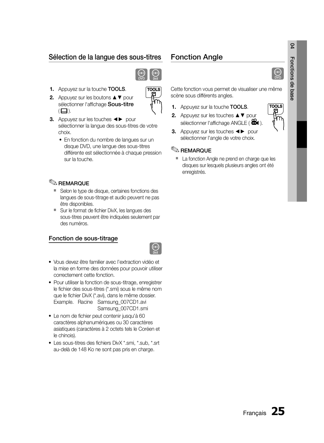 Samsung MM-E430D/ZF manual Fonction Angle, Fonction de sous-titrage, Example. Racine Samsung007CD1.avi Samsung007CD1.smi 