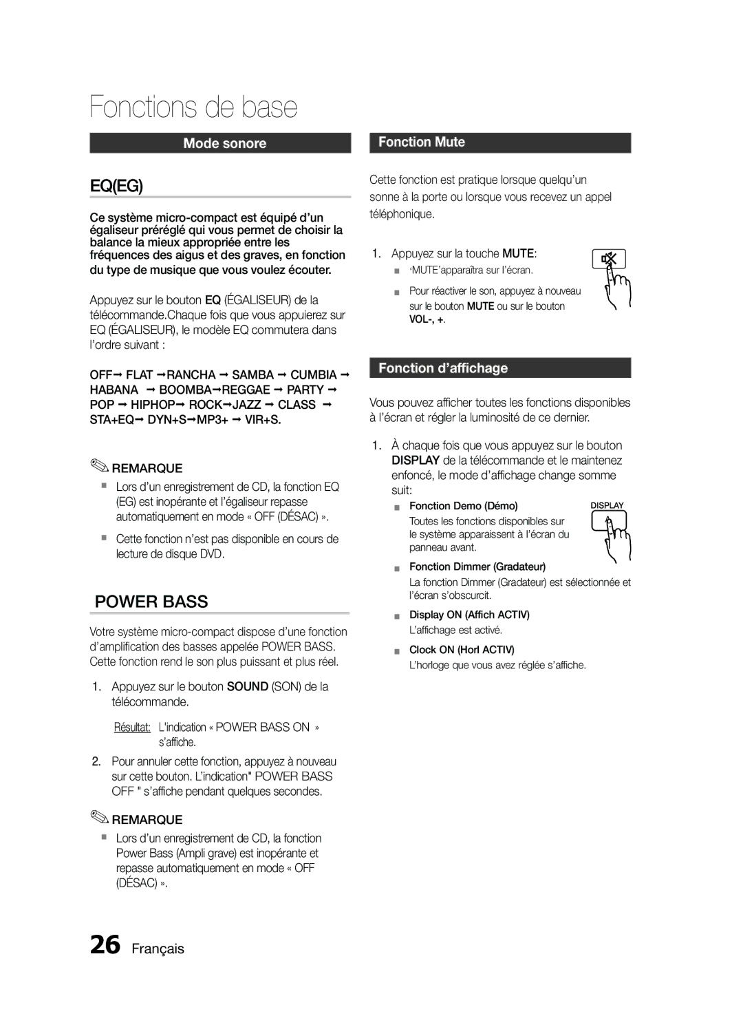 Samsung MM-E430D/ZF manual Mode sonore, `` ‘MUTE’apparaîtra sur l’écran, `` Fonction Demo Démo 