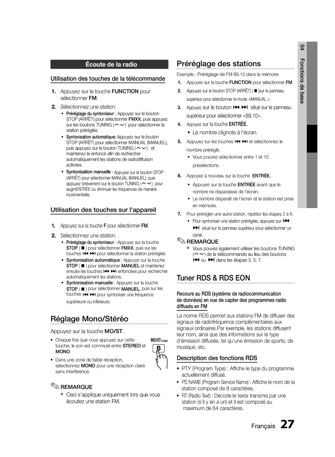 Samsung MM-E430D/ZF manual Réglage Mono/Stéréo, Préréglage des stations, Tuner RDS & RDS EON, Écoute de la radio 