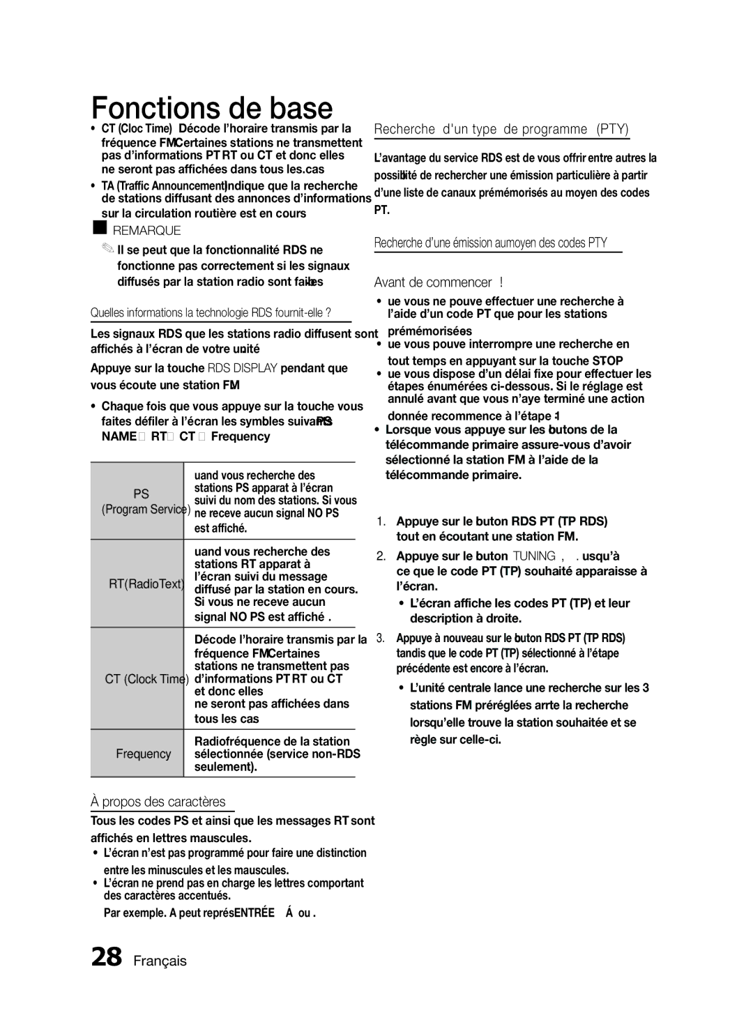 Samsung MM-E430D/ZF manual Propos des caractères, Recherche dun type de programme PTY, Avant de commencer 