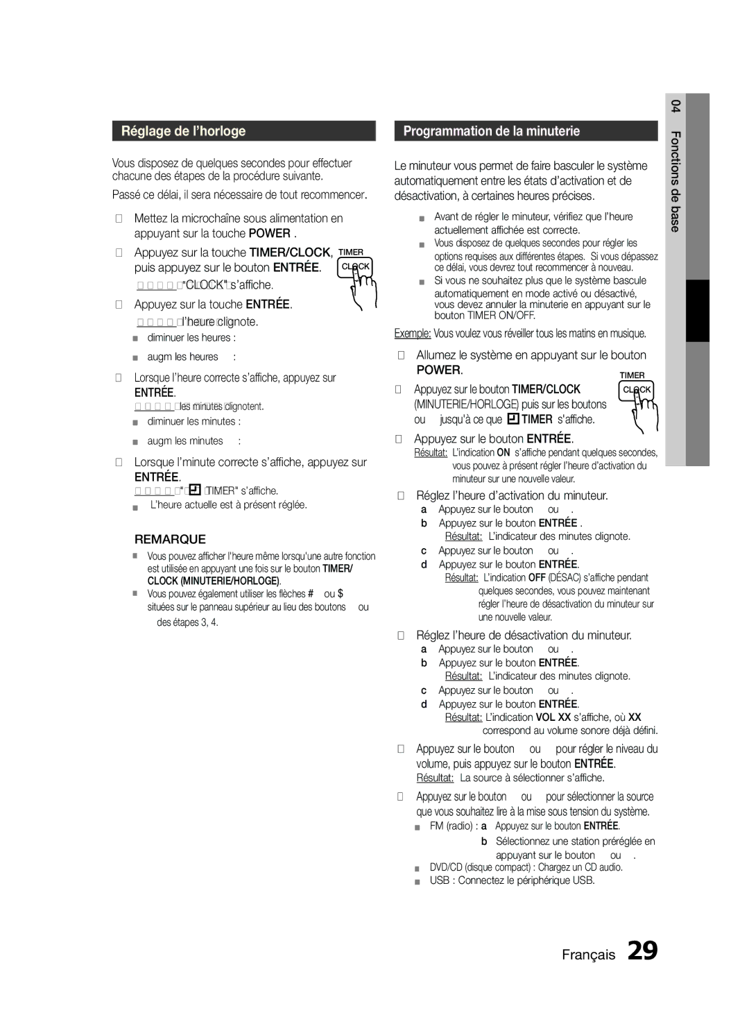 Samsung MM-E430D/ZF manual Appuyez sur la touche TIMER/CLOCK, Timer, Appuyez sur la touche Entrée Résultat l’heure clignote 