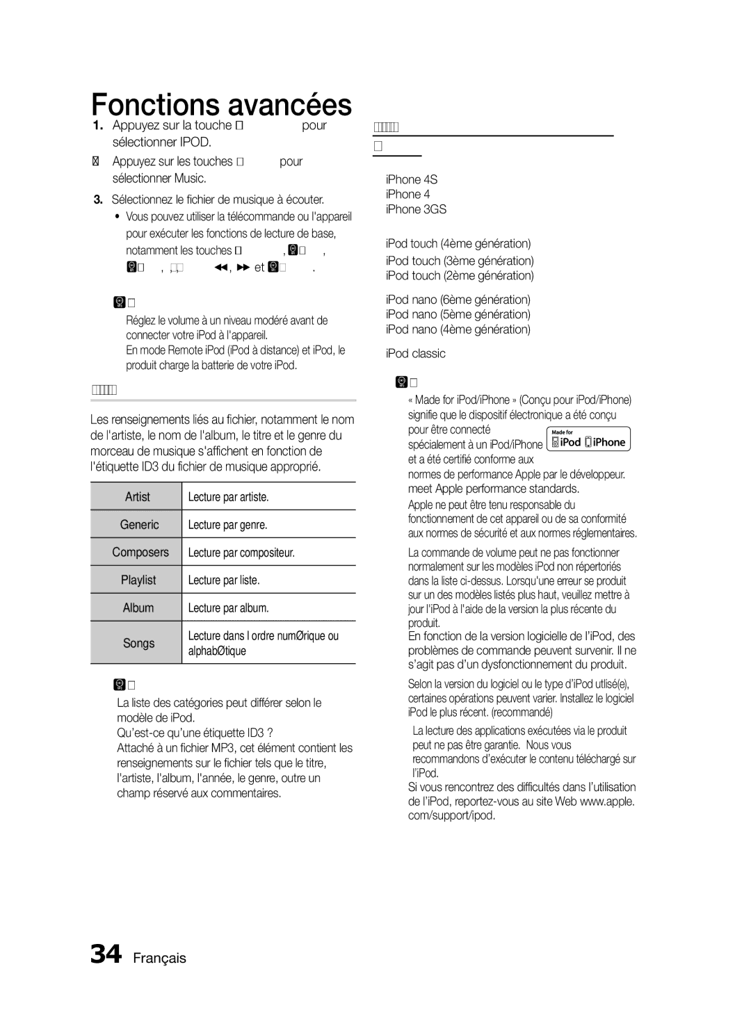 Samsung MM-E430D/ZF manual Artist Lecture par artiste, Lecture par genre, Lecture par compositeur, Lecture par liste 