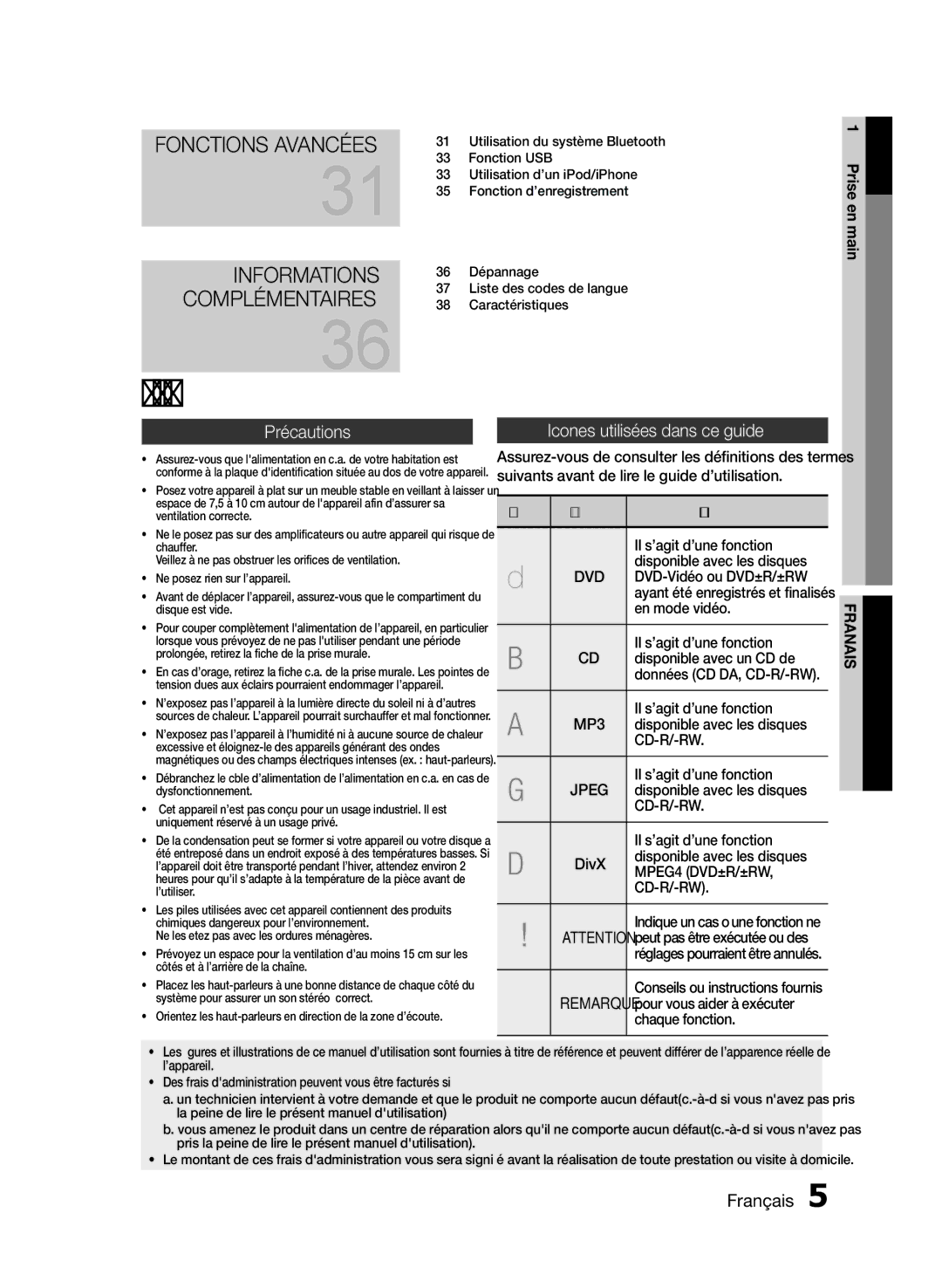 Samsung MM-E430D/ZF manual Prise en main, Précautions, Icones utilisées dans ce guide 