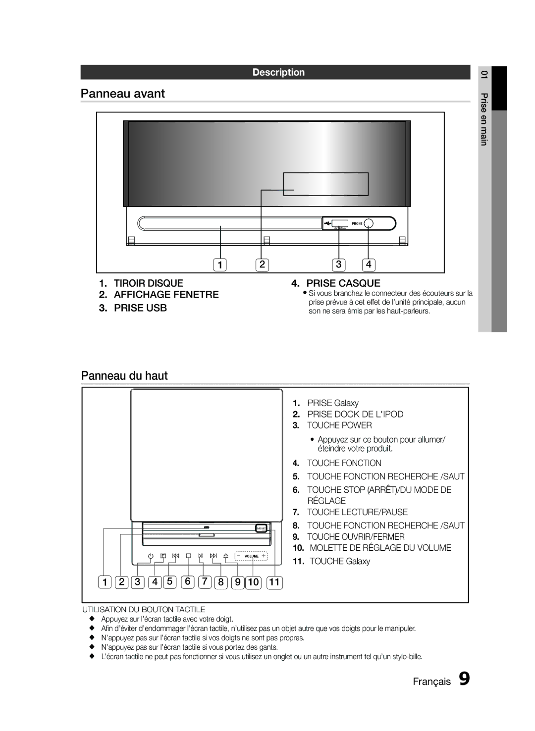 Samsung MM-E430D/ZF manual Panneau avant, Panneau du haut, Description, 3 4 5 6 7 8 9 10 