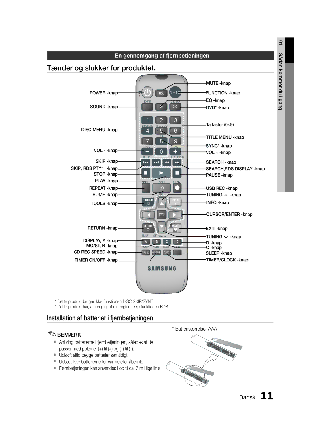 Samsung MM-E460D/XE Tænder og slukker for produktet, Installation af batteriet i fjernbetjeningen, Batteristørrelse AAA 