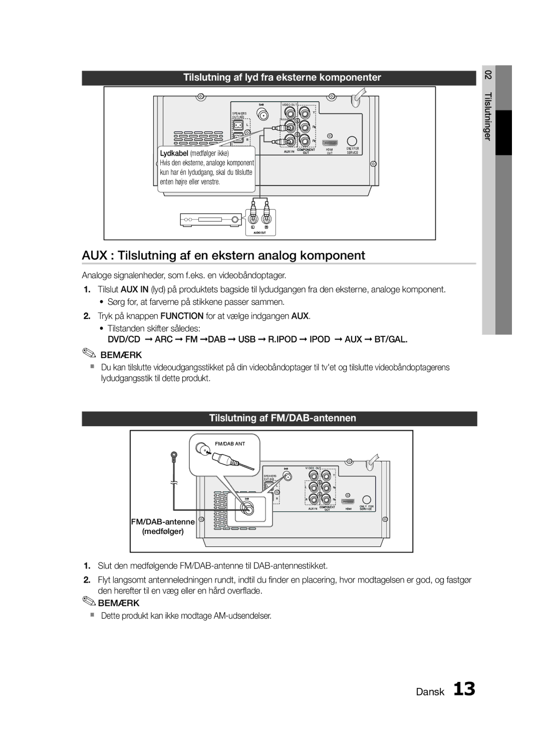 Samsung MM-E460D/XE manual AUX Tilslutning af en ekstern analog komponent, Tilslutning af lyd fra eksterne komponenter 