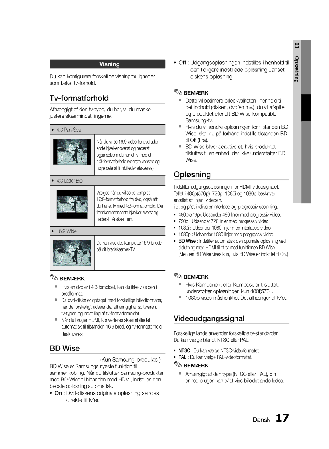 Samsung MM-E460D/XE manual Tv-formatforhold, BD Wise, Opløsning, Videoudgangssignal, Visning 