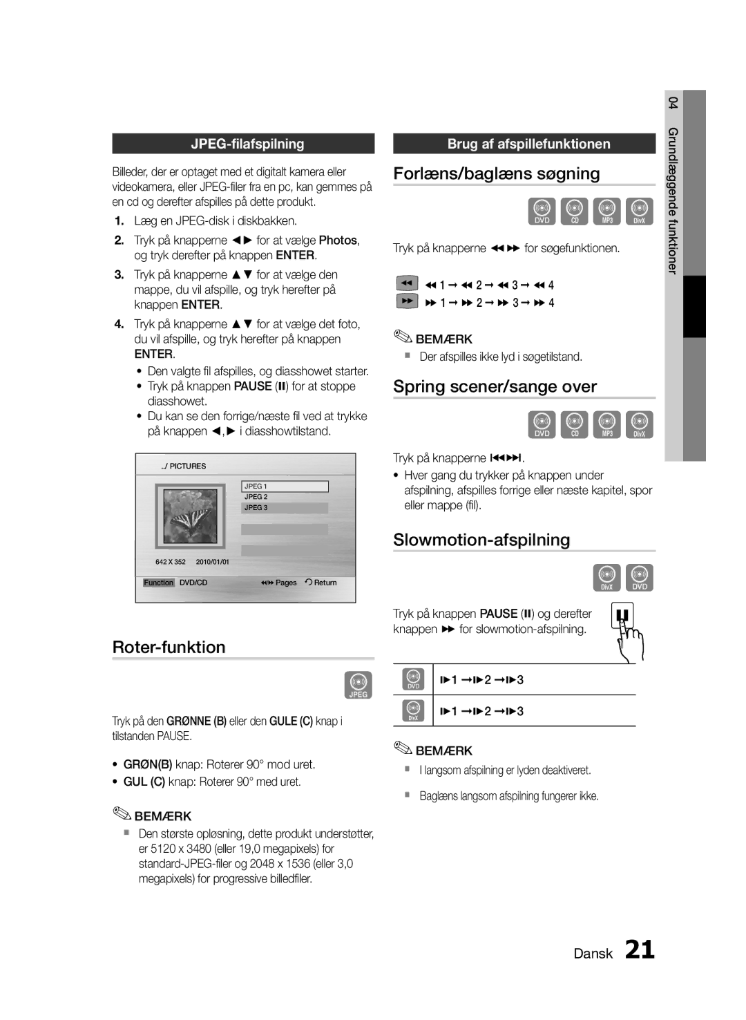 Samsung MM-E460D/XE manual Forlæns/baglæns søgning, Spring scener/sange over, Slowmotion-afspilning, Roter-funktion 