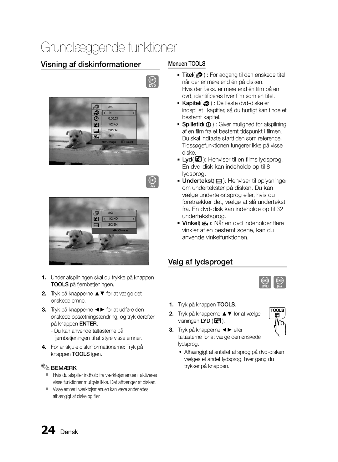 Samsung MM-E460D/XE manual Visning af diskinformationer, Valg af lydsproget 