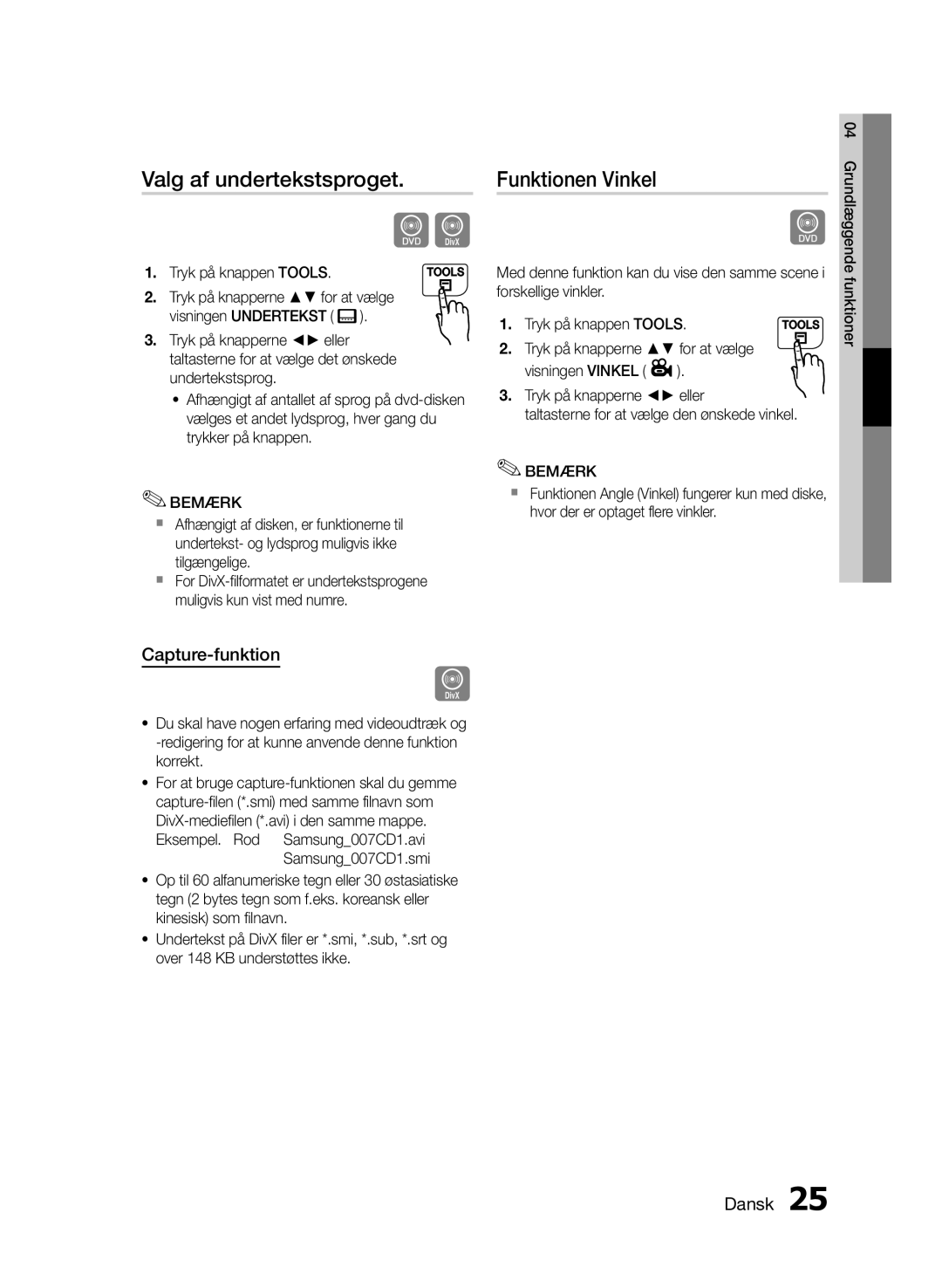 Samsung MM-E460D/XE manual Valg af undertekstsproget, Funktionen Vinkel, Capture-funktion 