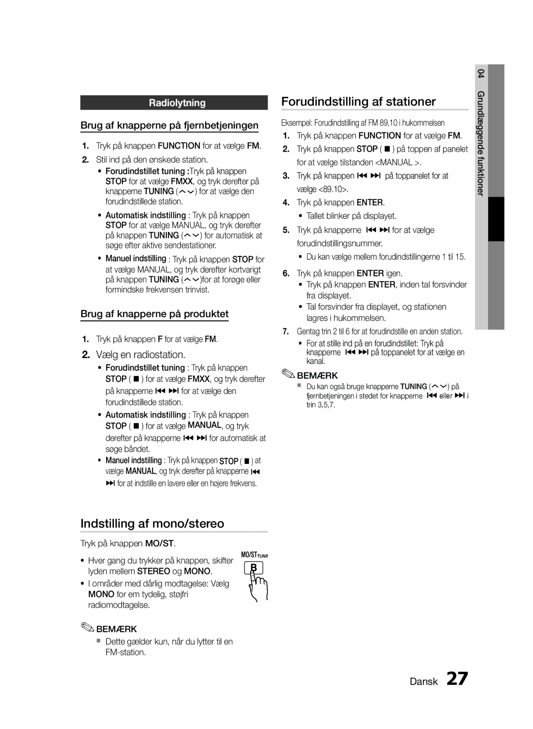 Samsung MM-E460D/XE manual Indstilling af mono/stereo, Forudindstilling af stationer, Radiolytning 