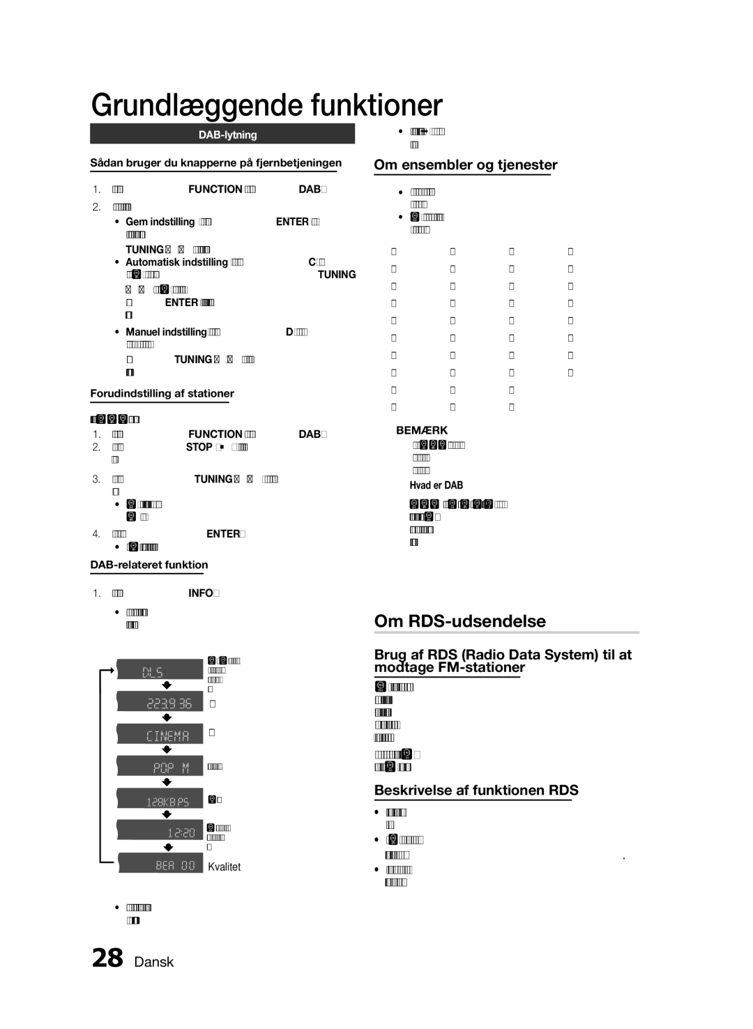 Samsung MM-E460D/XE manual Om RDS-udsendelse, Om ensembler og tjenester, Beskrivelse af funktionen RDS, Bemærk 