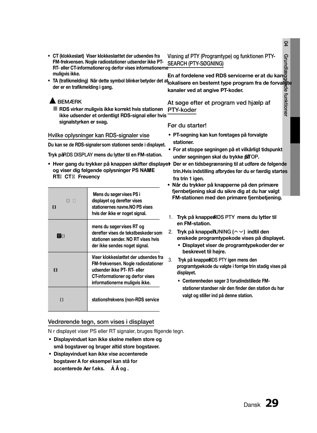 Samsung MM-E460D/XE manual Hvilke oplysninger kan RDS-signaler vise, Vedrørende tegn, som vises i displayet 