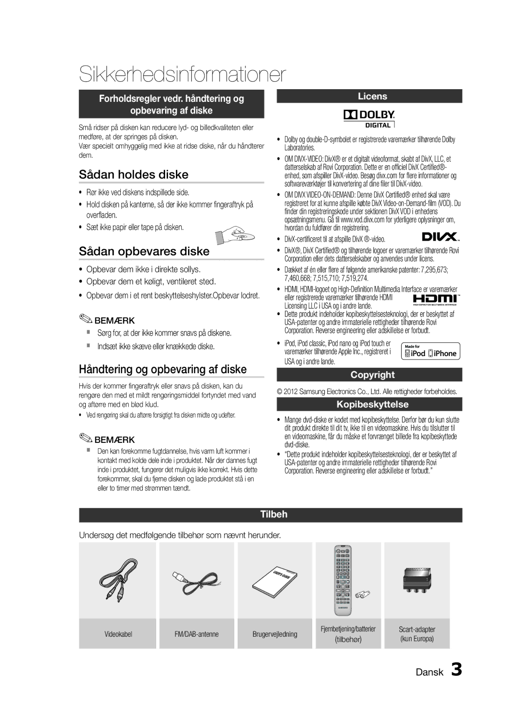 Samsung MM-E460D/XE manual Sådan holdes diske, Sådan opbevares diske, Håndtering og opbevaring af diske, Tilbeh 