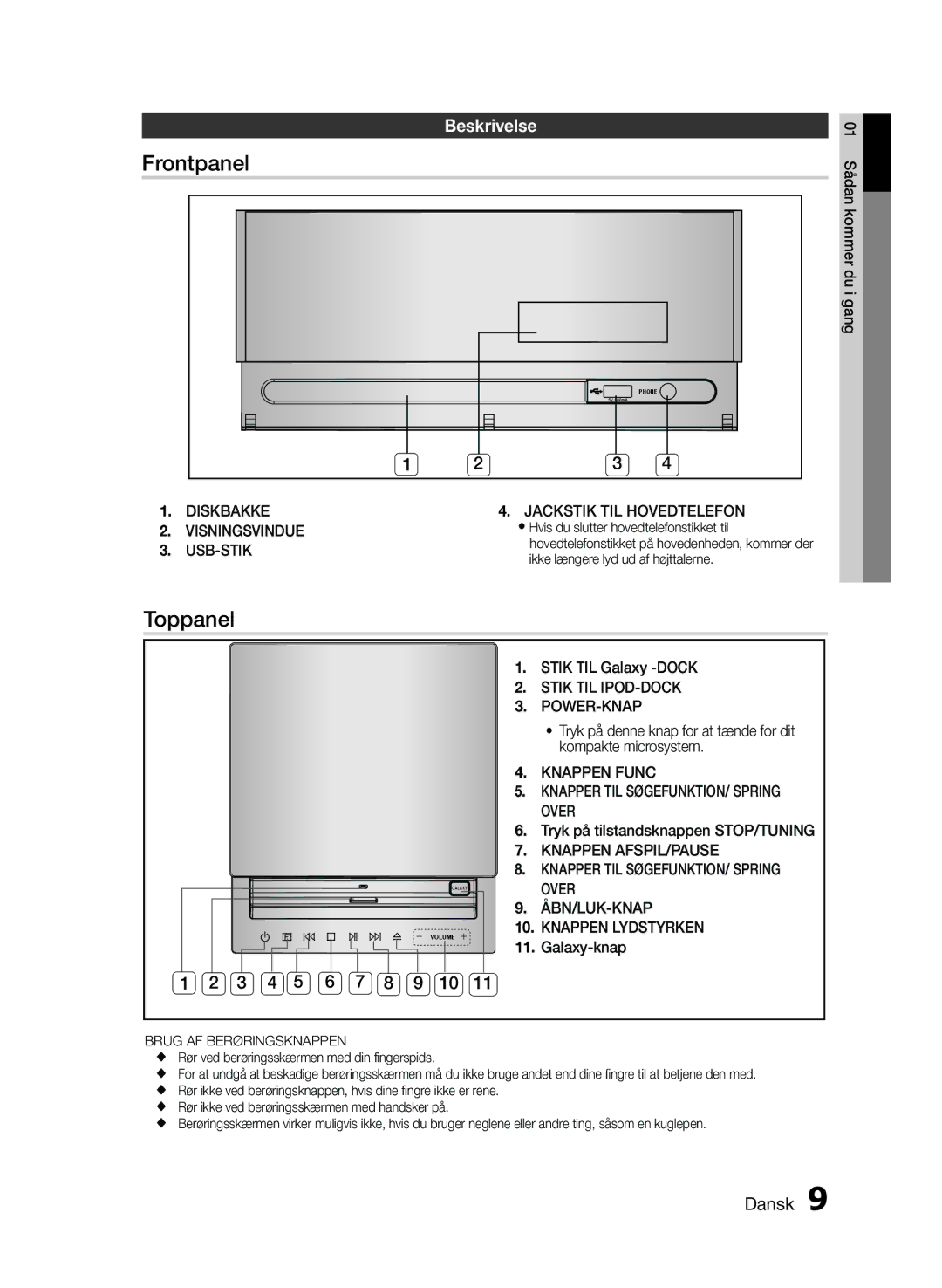 Samsung MM-E460D/XE manual Frontpanel, Toppanel, Beskrivelse 